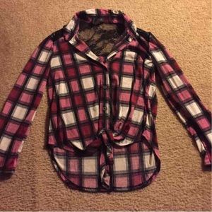Pink and White Plaid Lace Flannel Shirt